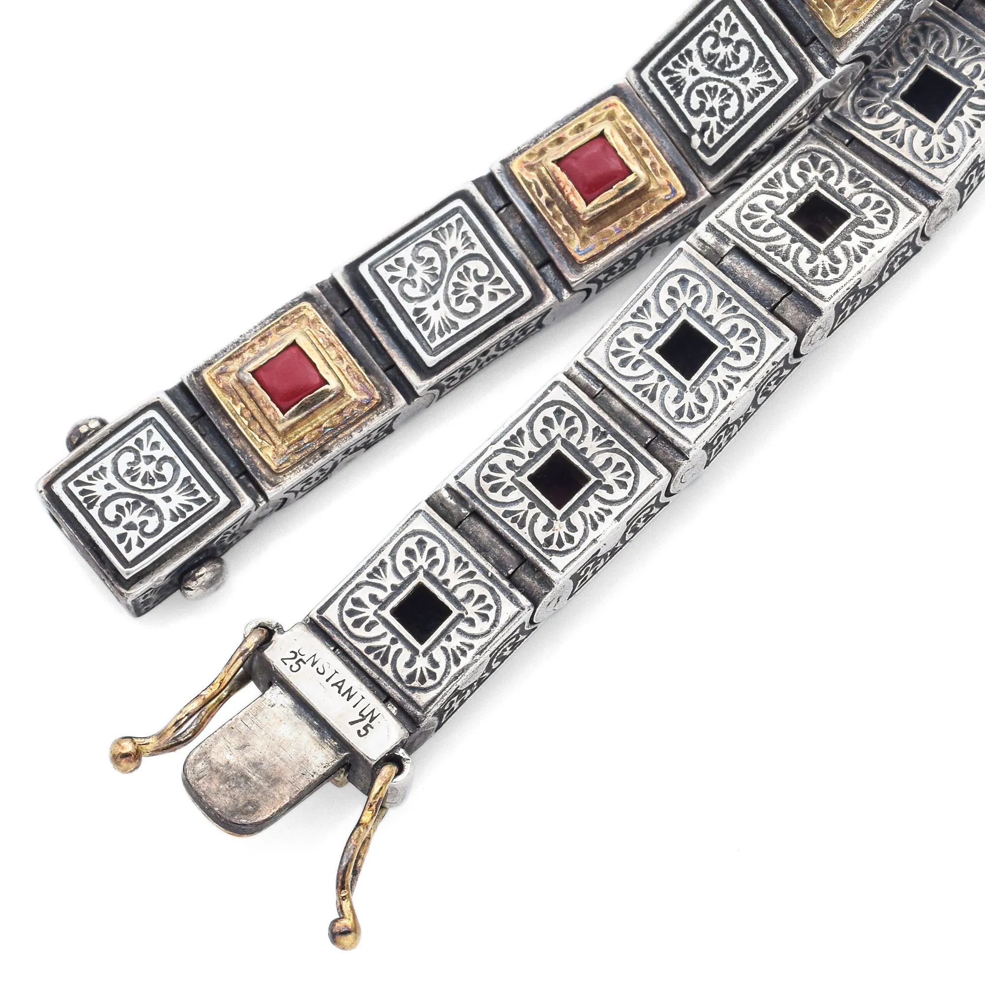 Konstantino Sterling Silver & 18K Yellow Gold Red Coral Square Link Bracelet