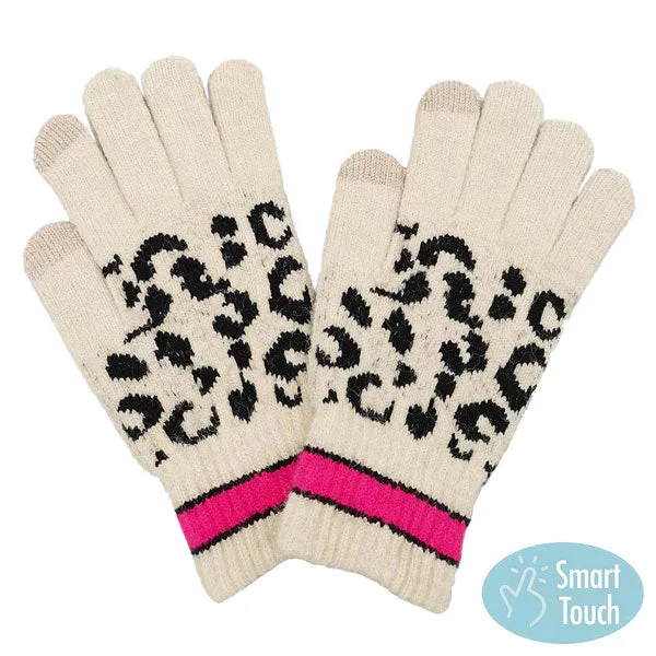 Leopard Patterned Striped Cuff Knit Smart Gloves