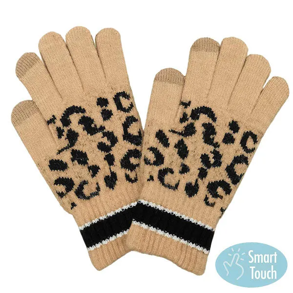 Leopard Patterned Striped Cuff Knit Smart Gloves