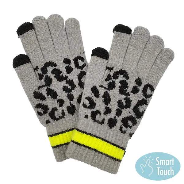 Leopard Patterned Striped Cuff Knit Smart Gloves