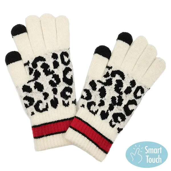 Leopard Patterned Striped Cuff Knit Smart Gloves