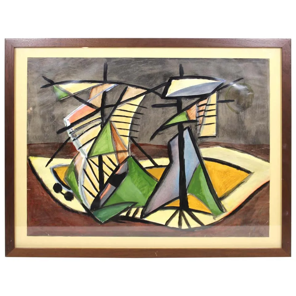 Lex Metz Dutch Mid-Century Modern Abstract Oil on Paper Still Life Painting