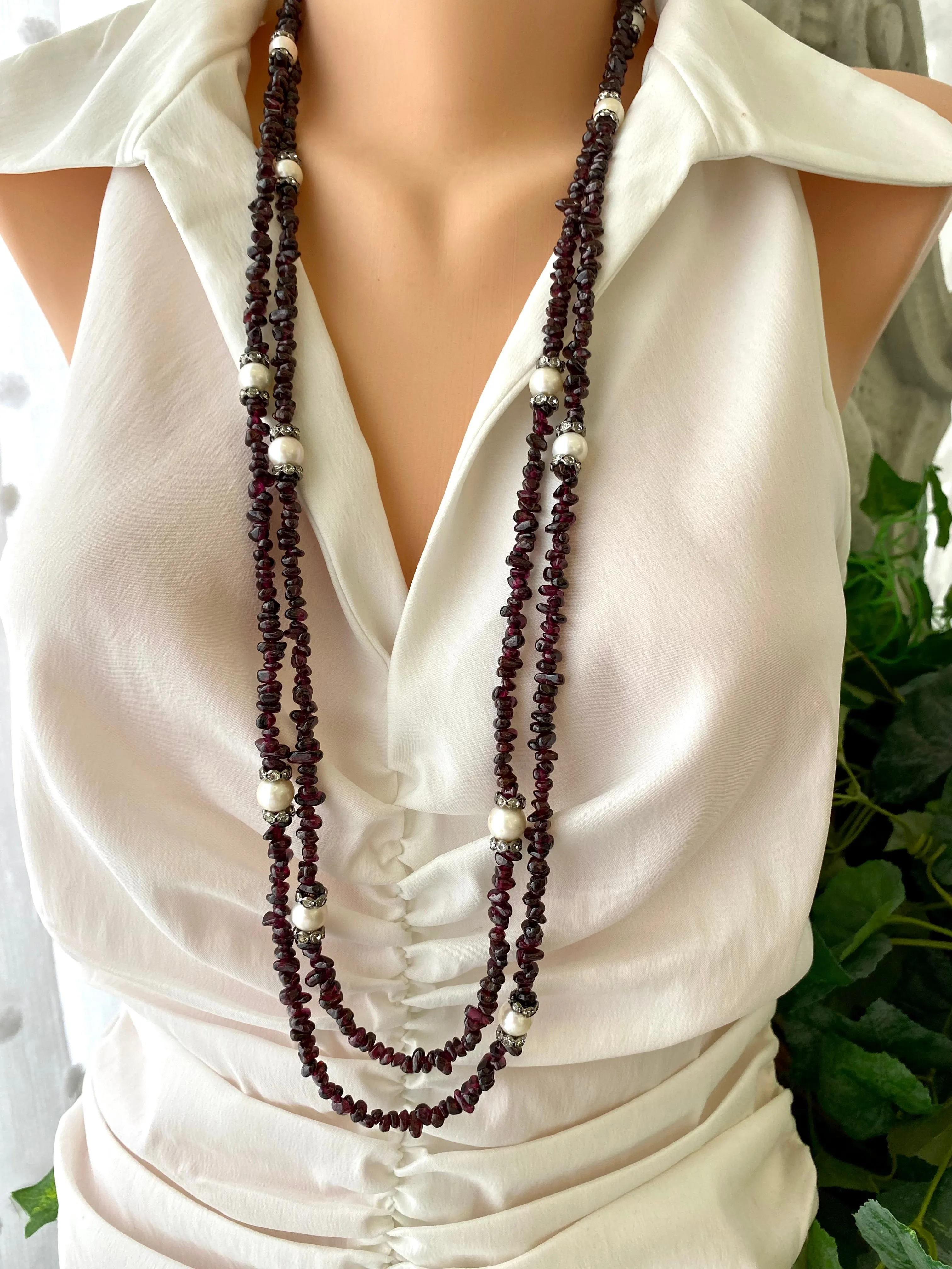 Long Garnet Necklace with Freshwater Pearls, January Birthstone Necklace, 35.5 or 37.5inch