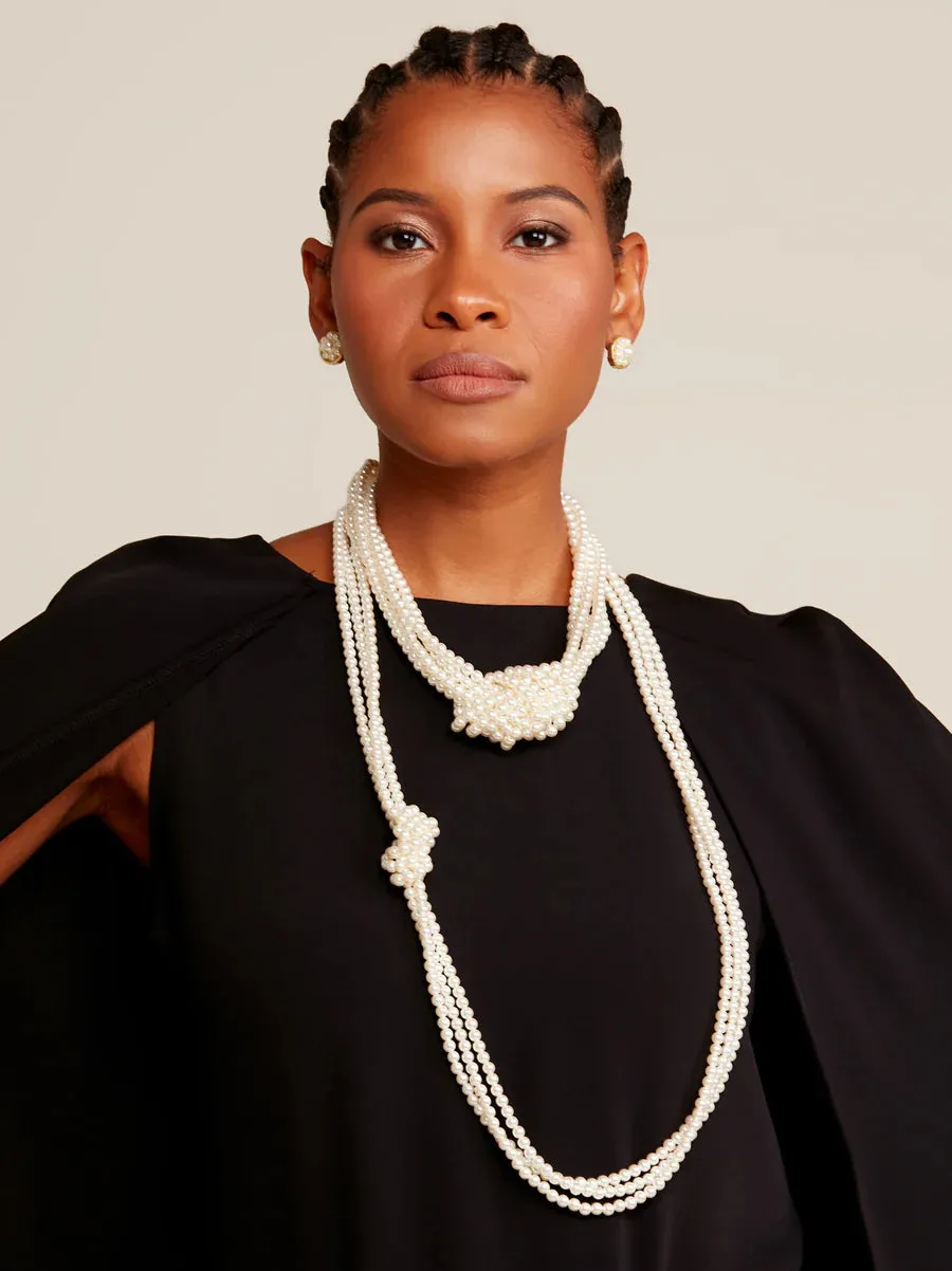 Long Layered Side Knot Pearl Necklace