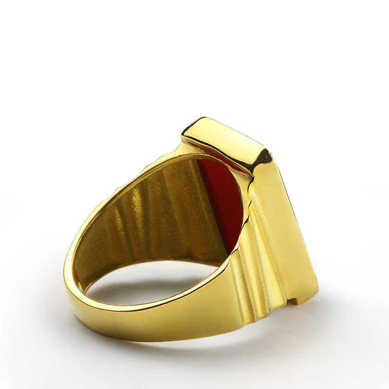 Men's Statement Ring wiht Red Agate Stone in 10k Yellow Gold, Natural Stone Ring for Men