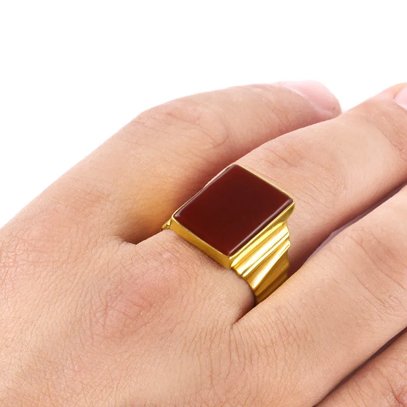 Men's Statement Ring wiht Red Agate Stone in 10k Yellow Gold, Natural Stone Ring for Men