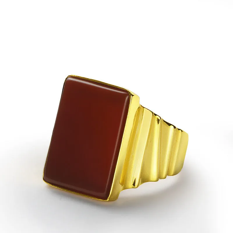 Men's Statement Ring wiht Red Agate Stone in 10k Yellow Gold, Natural Stone Ring for Men