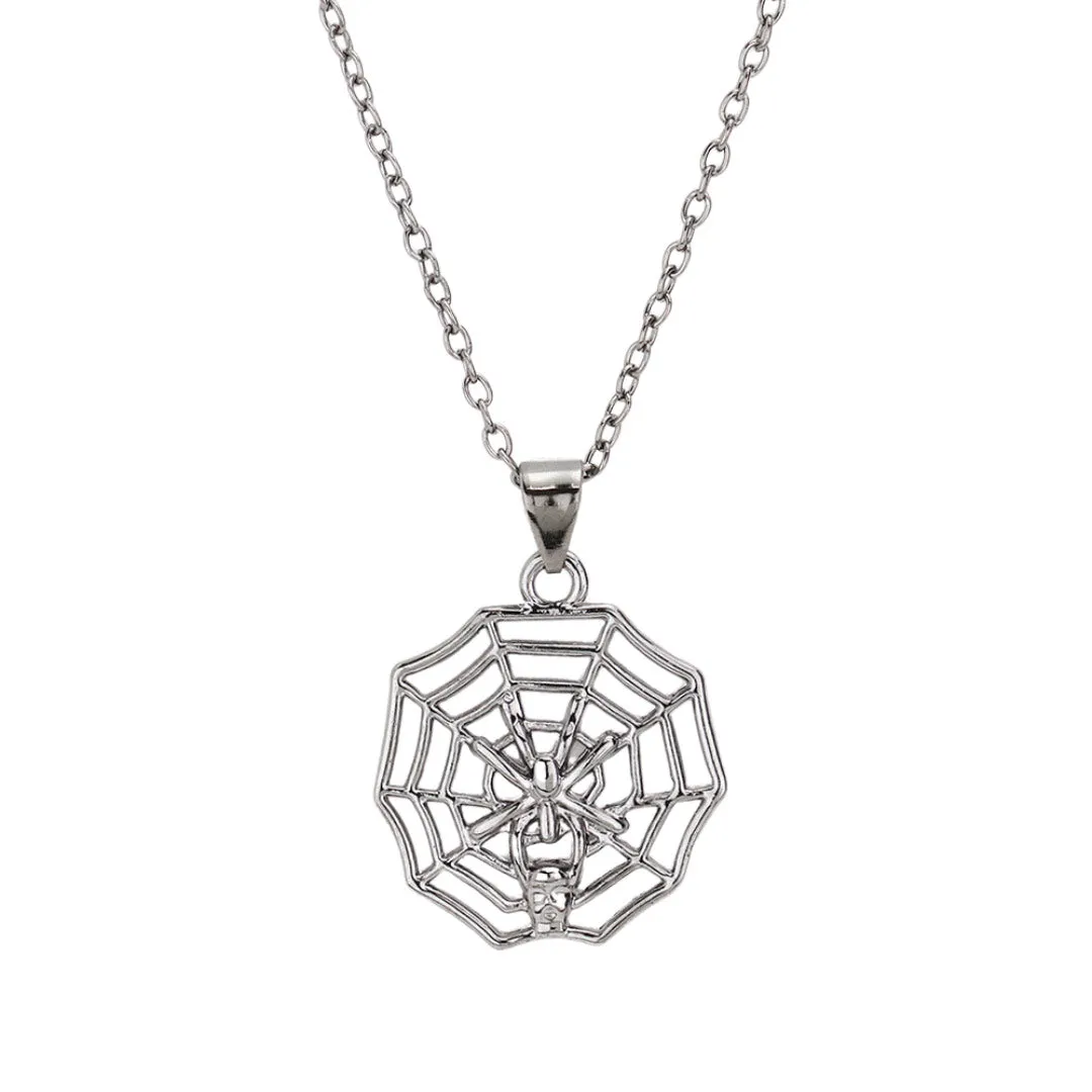 Metal Spider Cobweb Pendant Long Necklace