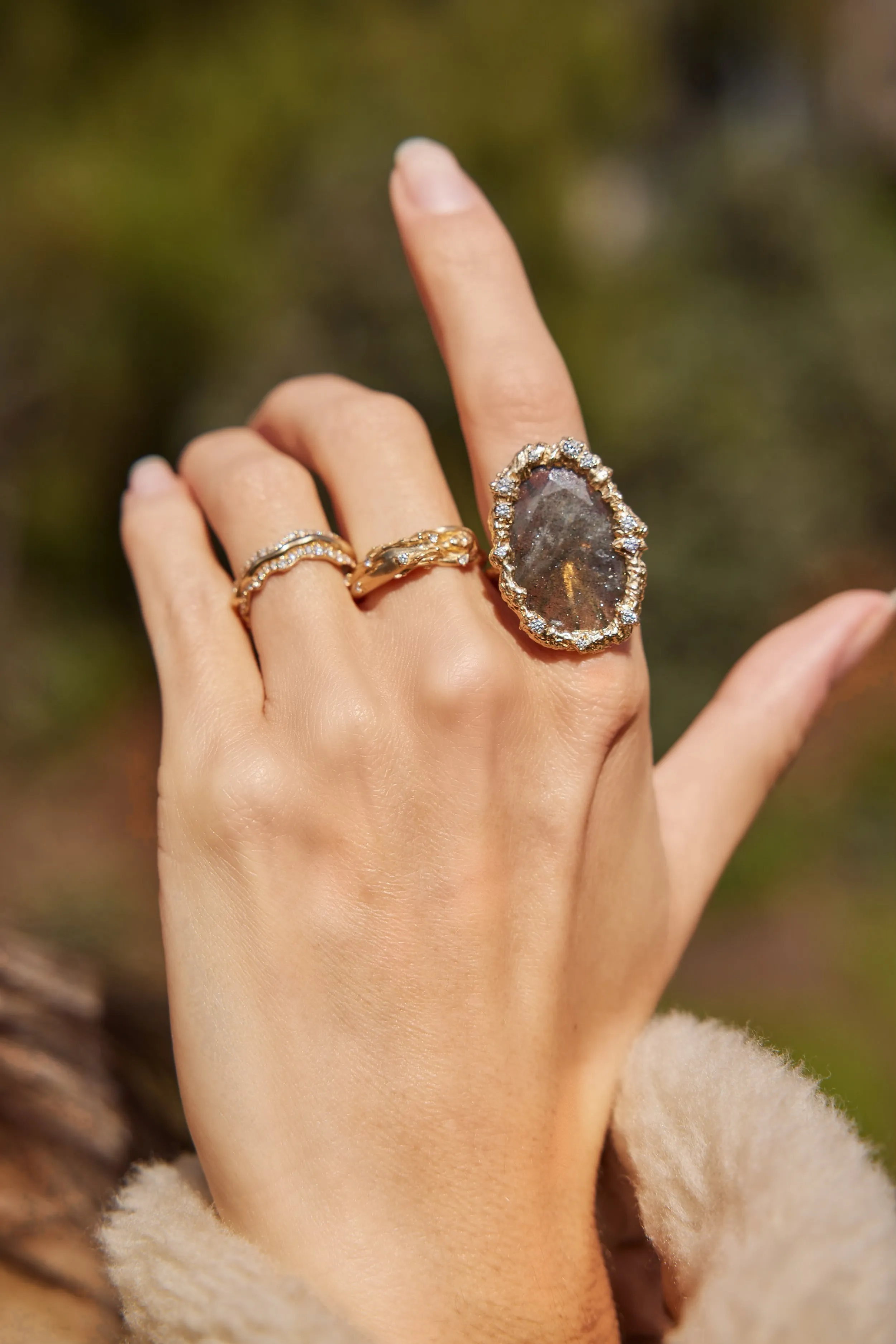 Oval Labradorite   Diamond Moonscape Ring