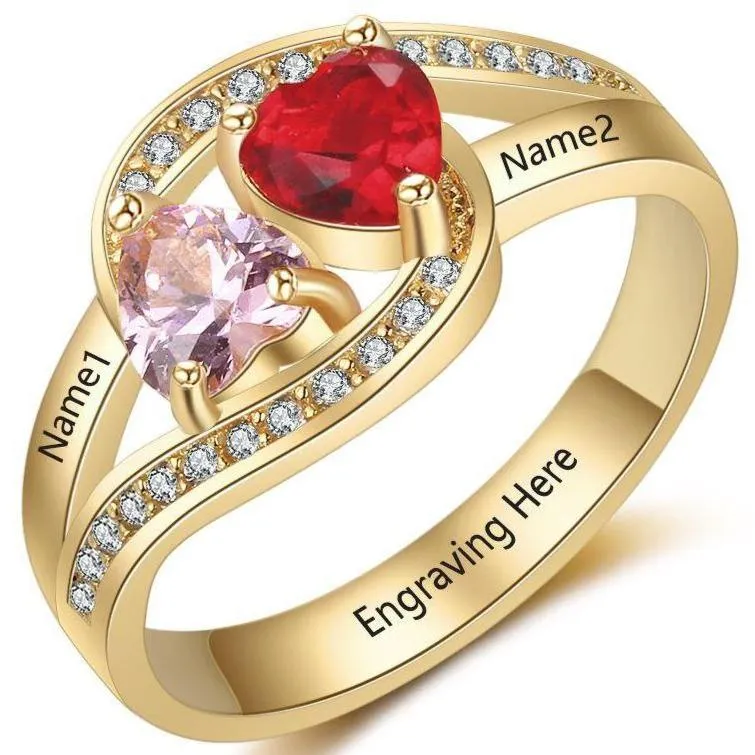 Personalized 2 Birthstone Gold Mother's Ring Passing Hearts 2 Engraved Names