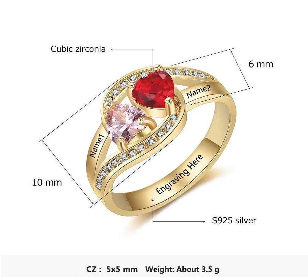 Personalized 2 Birthstone Gold Mother's Ring Passing Hearts 2 Engraved Names