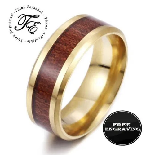 Personalized Men's Gold Promise Ring With Hardwood Wood Inlay