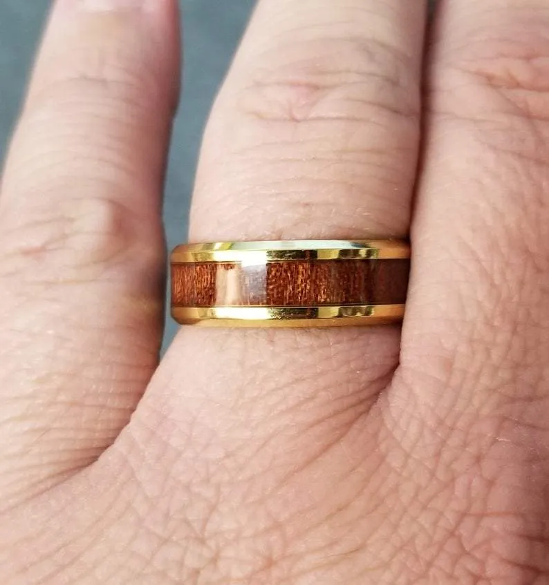 Personalized Men's Gold Promise Ring With Hardwood Wood Inlay