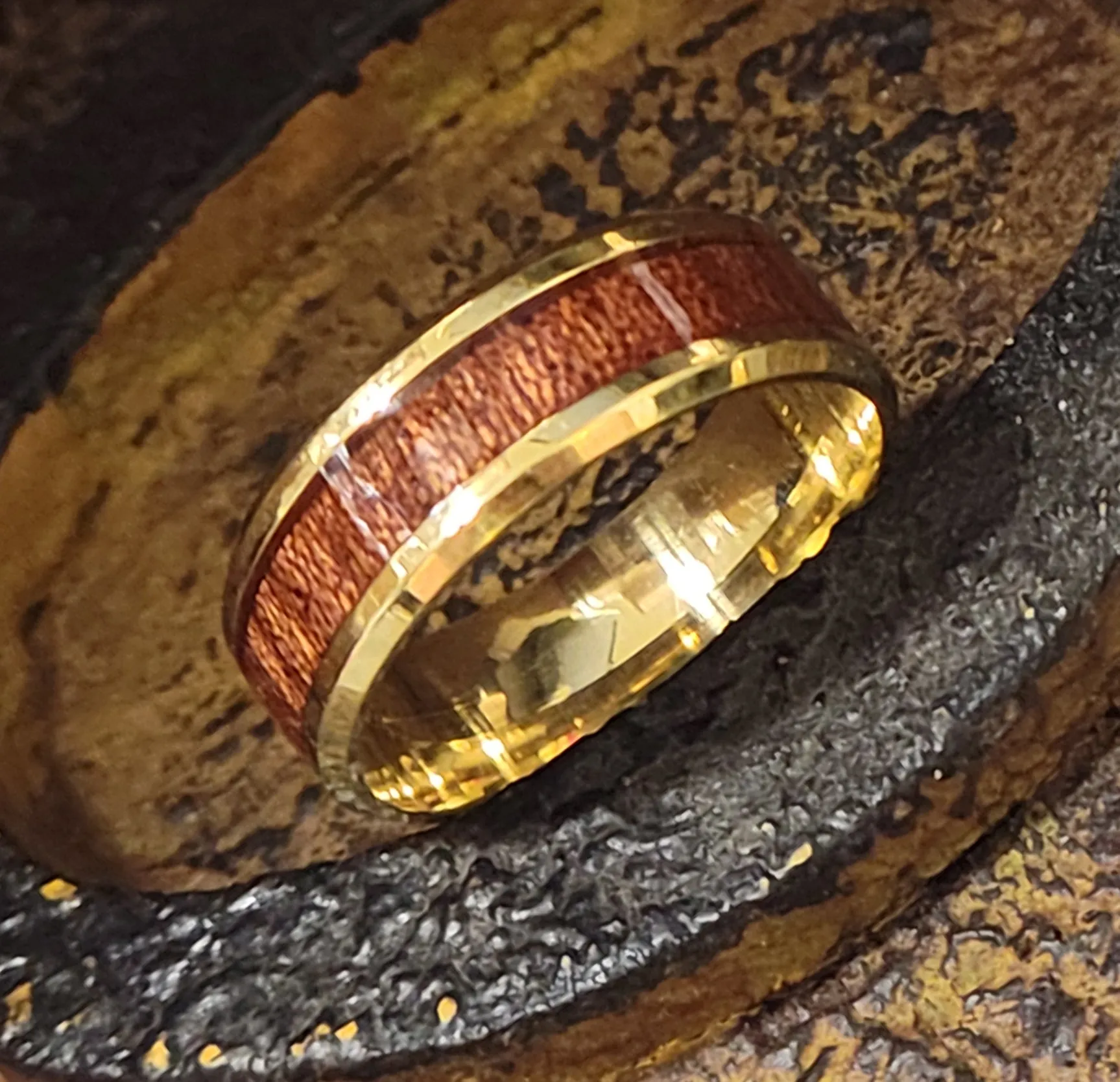 Personalized Men's Gold Promise Ring With Hardwood Wood Inlay