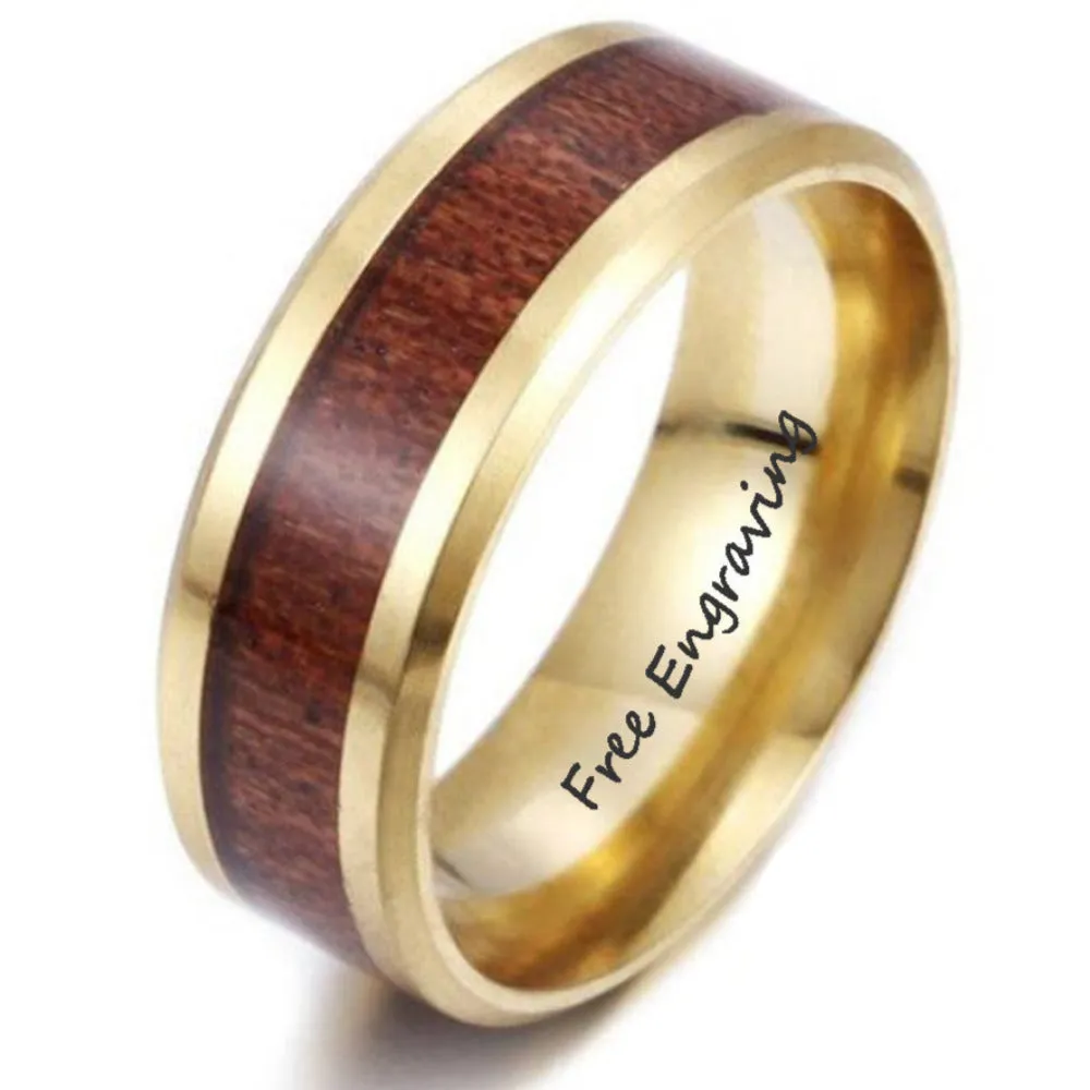 Personalized Men's Gold Promise Ring With Hardwood Wood Inlay