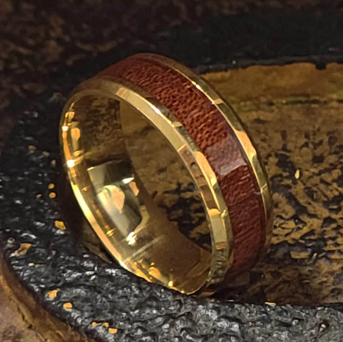 Personalized Men's Gold Promise Ring With Hardwood Wood Inlay