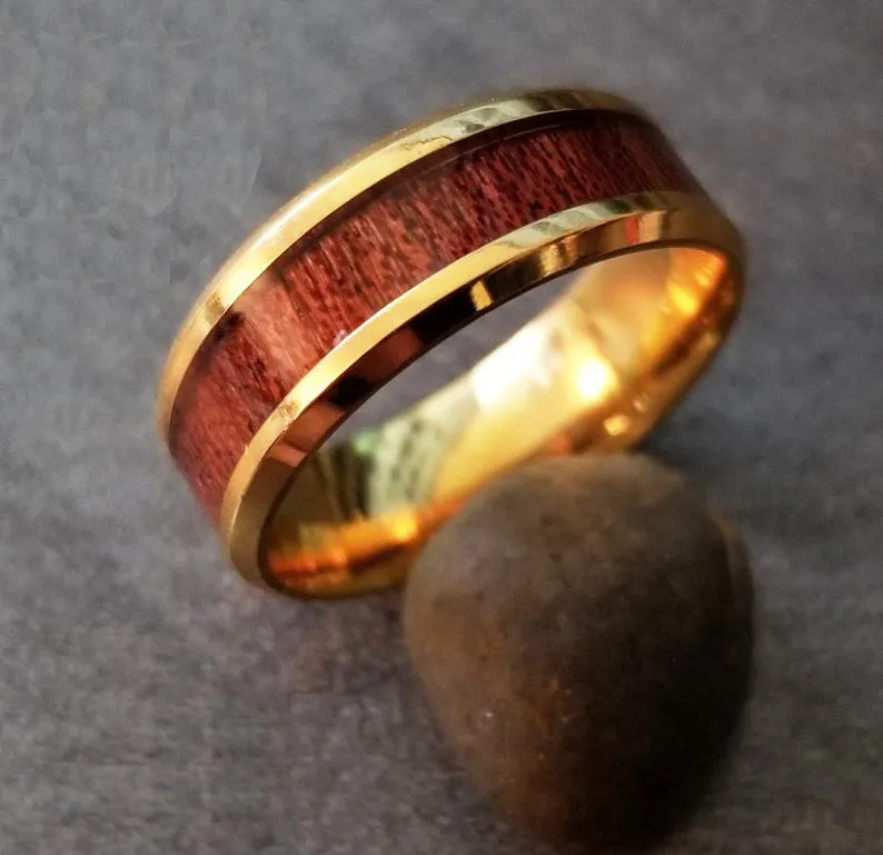 Personalized Men's Gold Promise Ring With Hardwood Wood Inlay