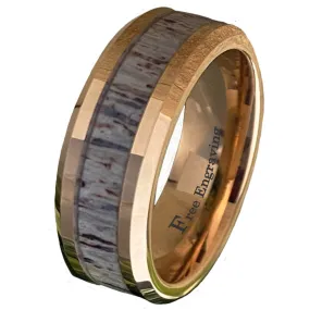 Personalized Men's Tungsten  Rose Gold Promise Ring Deer Antler Inlay