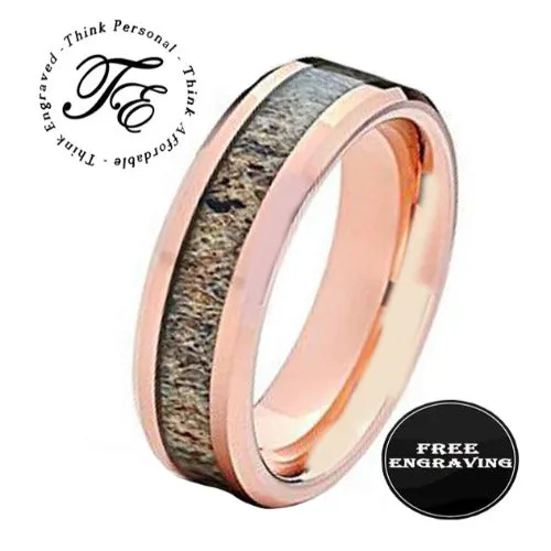 Personalized Men's Tungsten  Rose Gold Promise Ring Deer Antler Inlay