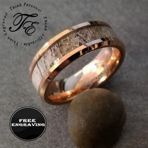 Personalized Men's Tungsten  Rose Gold Promise Ring Deer Antler Inlay