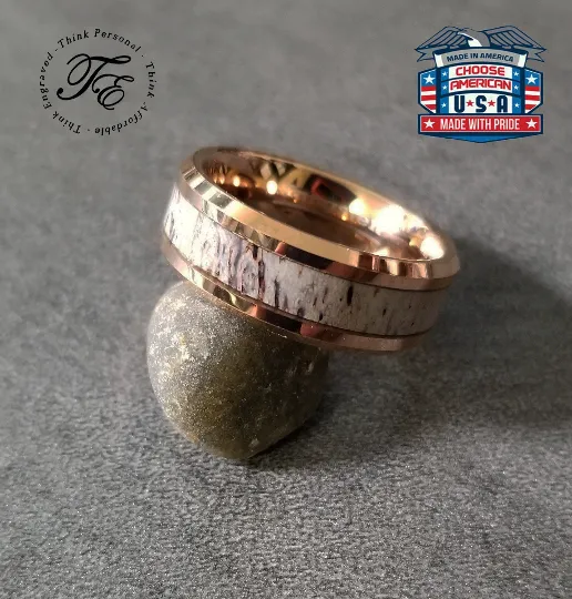 Personalized Men's Tungsten  Rose Gold Promise Ring Deer Antler Inlay