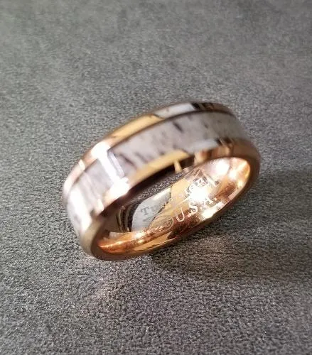 Personalized Men's Tungsten  Rose Gold Promise Ring Deer Antler Inlay