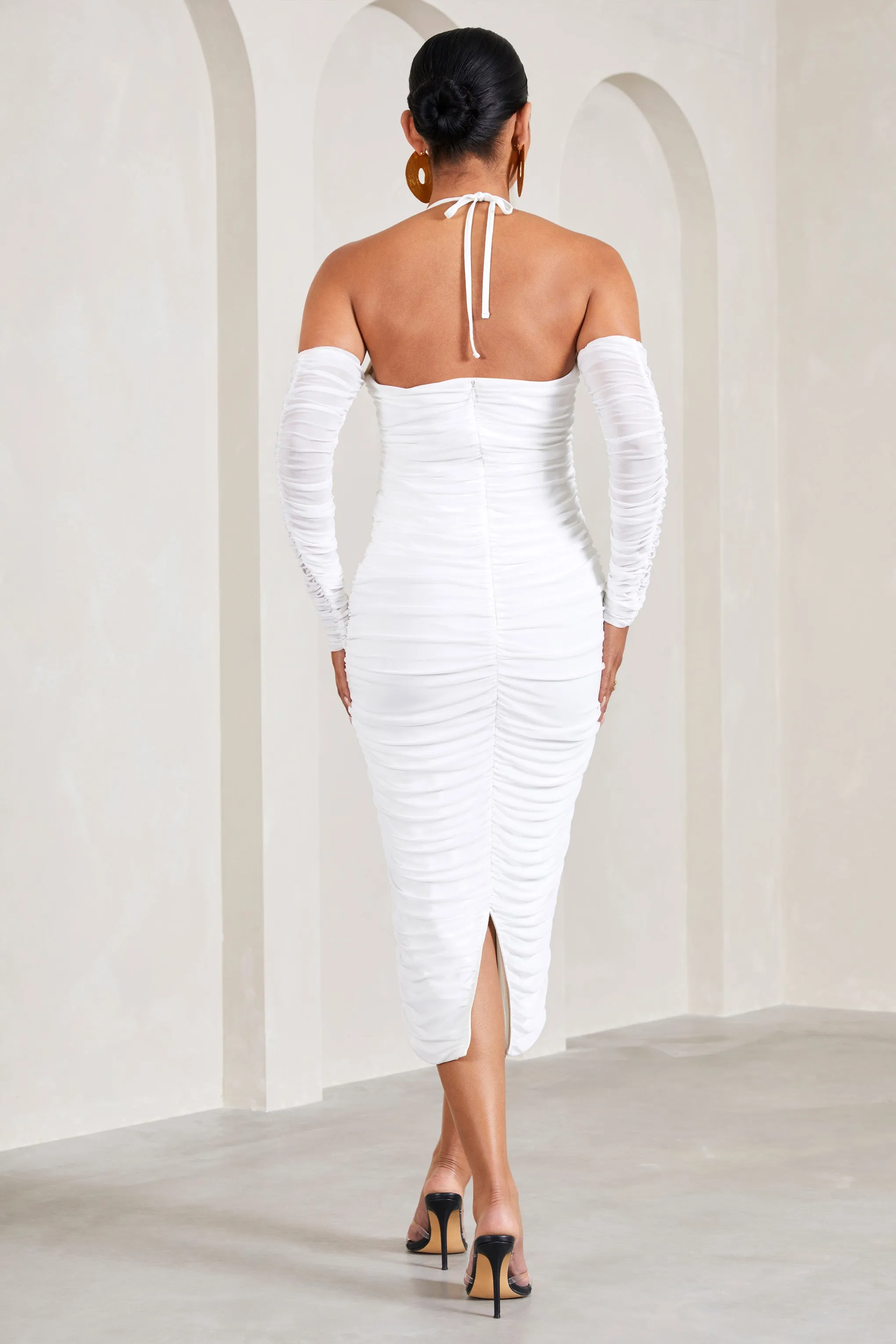 Pixie | White Ruched Long-Sleeved Halter-Neck Maternity Midi Dress