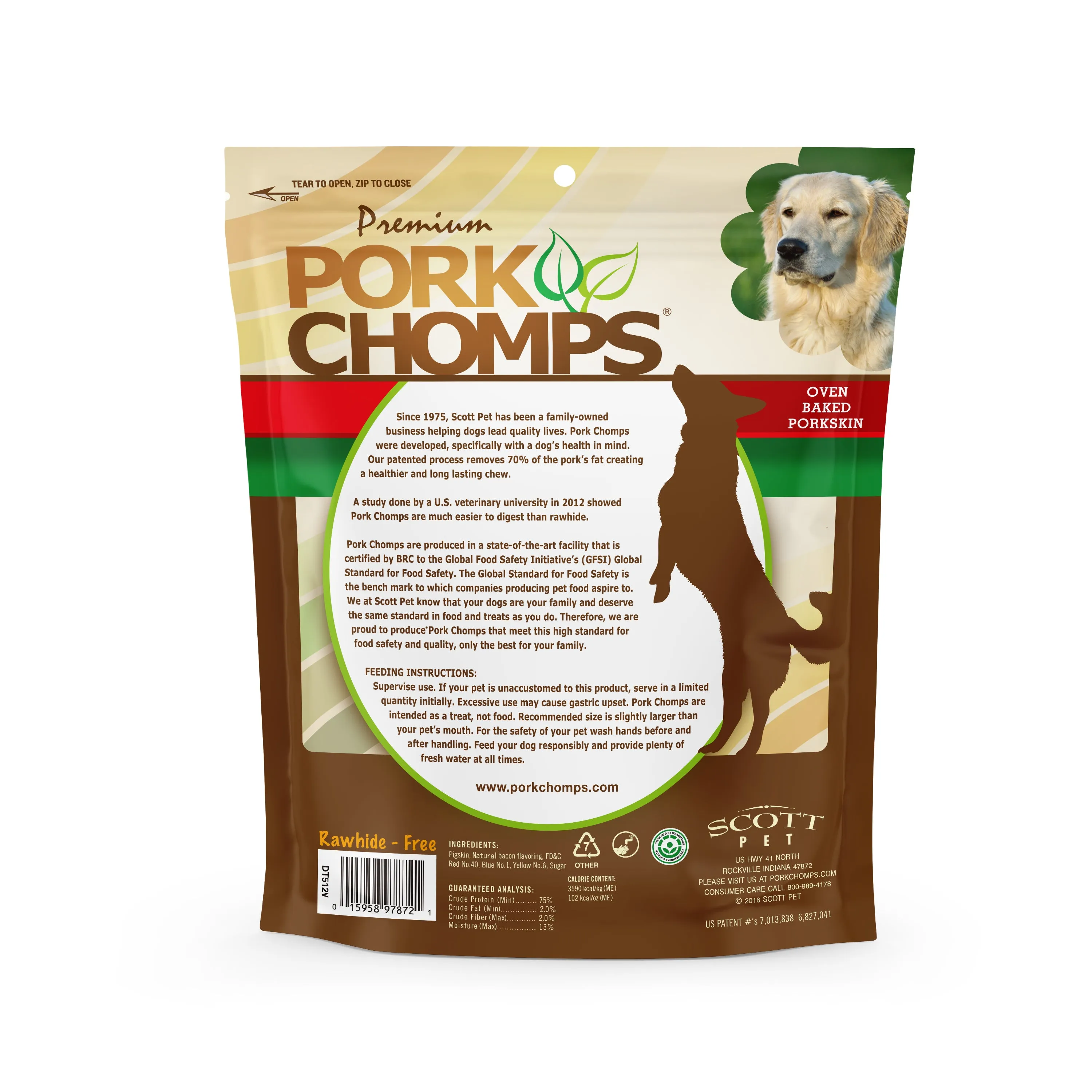 Pork Chomps 6-inch Baked Pork Skin Knots with Bacon Flavor Strip, 8 count Dog Chews