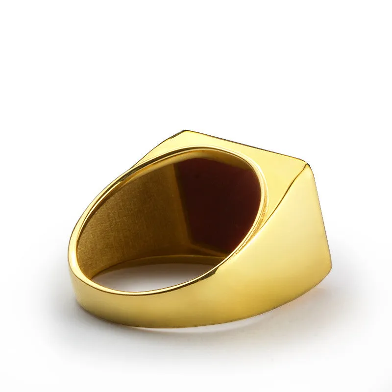 Red Agate Men's Ring in 10k Yellow Gold with Natural Stone Ring