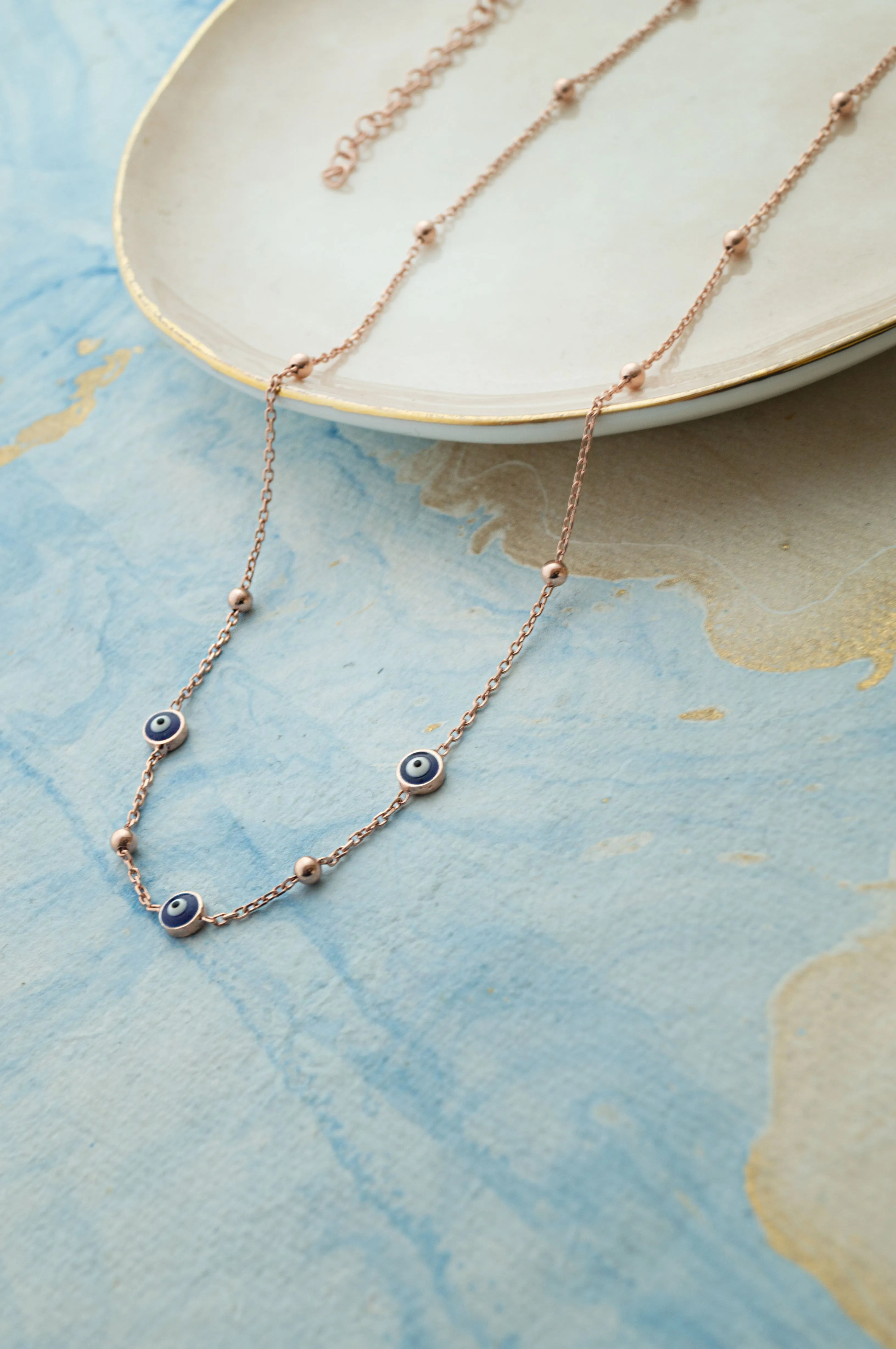 Stationed Evil Eye Rose Gold Plated Sterling Silver Chain