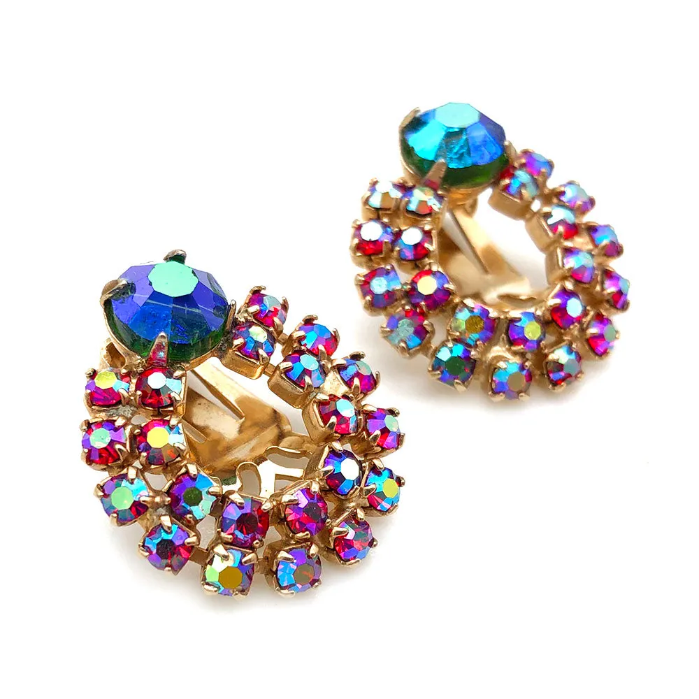 【USA輸入】ヴィンテージ レッド オーロラ ラインストーン イヤリング/Vintage Red Aurora Rhinestones Clip On Earrings