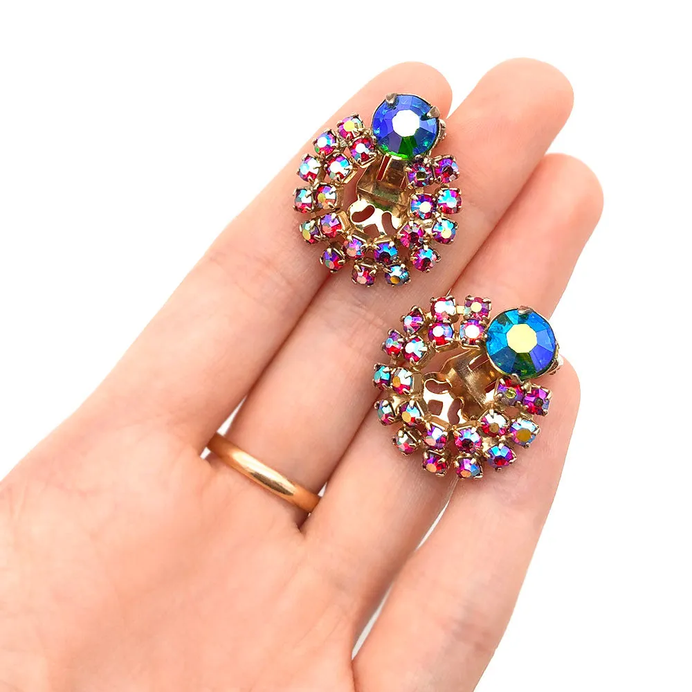 【USA輸入】ヴィンテージ レッド オーロラ ラインストーン イヤリング/Vintage Red Aurora Rhinestones Clip On Earrings