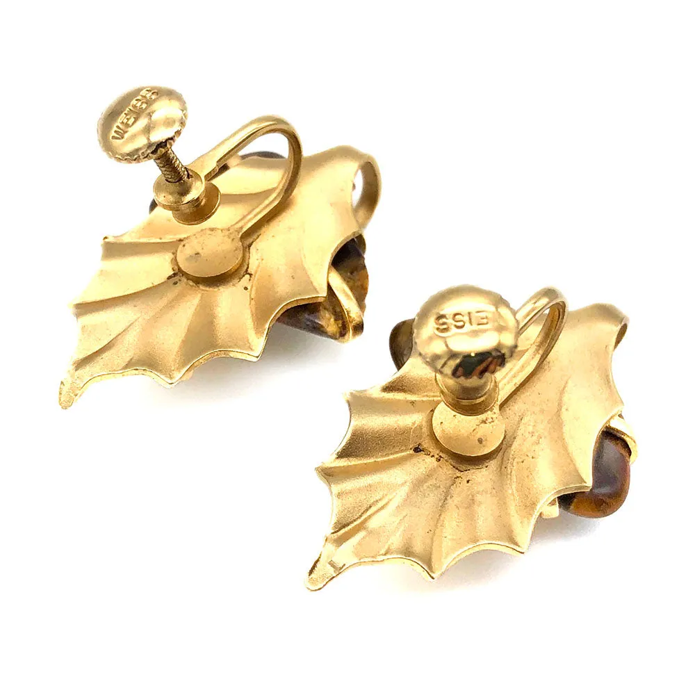 【USA輸入】ヴィンテージ ワイス タイガーアイ リーフ イヤリング/Vintage WEISS Tiger Eye Leaf Clip On Earrings