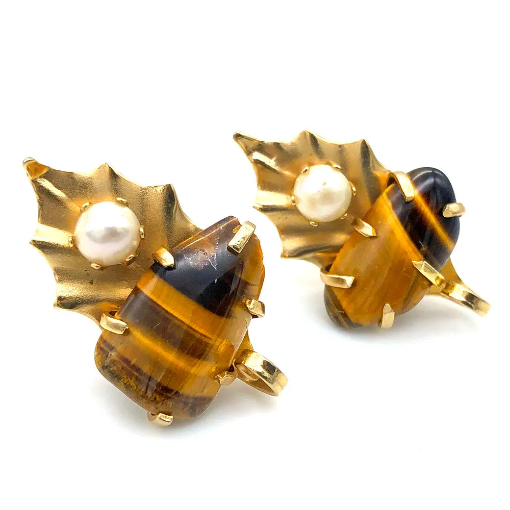 【USA輸入】ヴィンテージ ワイス タイガーアイ リーフ イヤリング/Vintage WEISS Tiger Eye Leaf Clip On Earrings