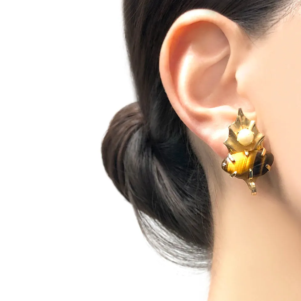 【USA輸入】ヴィンテージ ワイス タイガーアイ リーフ イヤリング/Vintage WEISS Tiger Eye Leaf Clip On Earrings