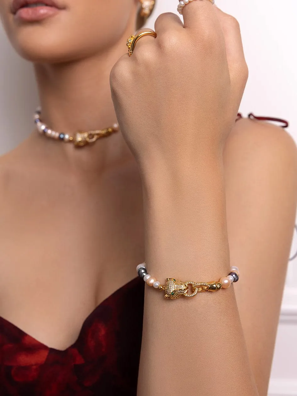 Women's Multi-Colored Pearl Bracelet with Gold Panther Head