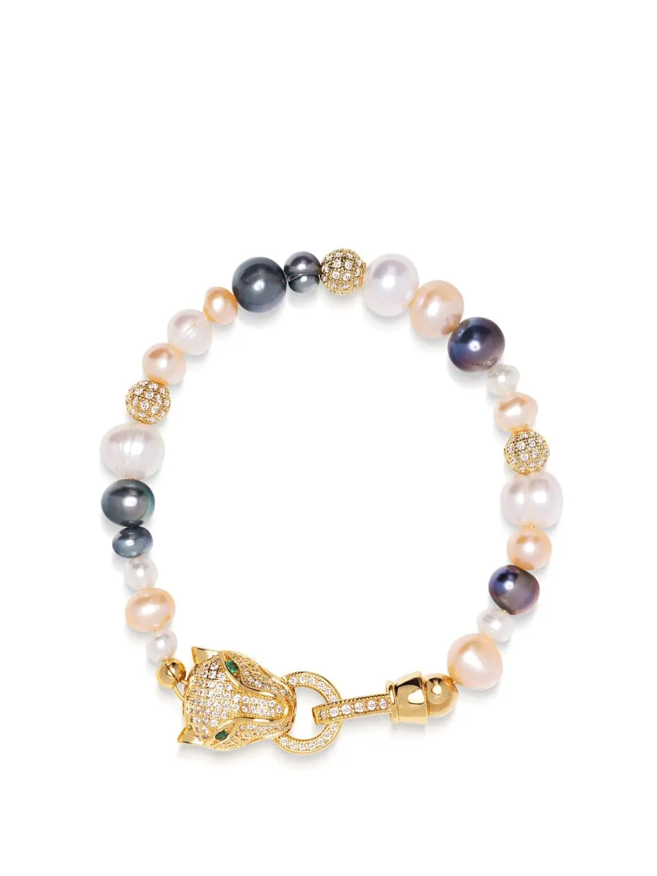 Women's Multi-Colored Pearl Bracelet with Gold Panther Head